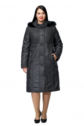 Черное женское пальто из текстиля с капюшоном, отделка песец