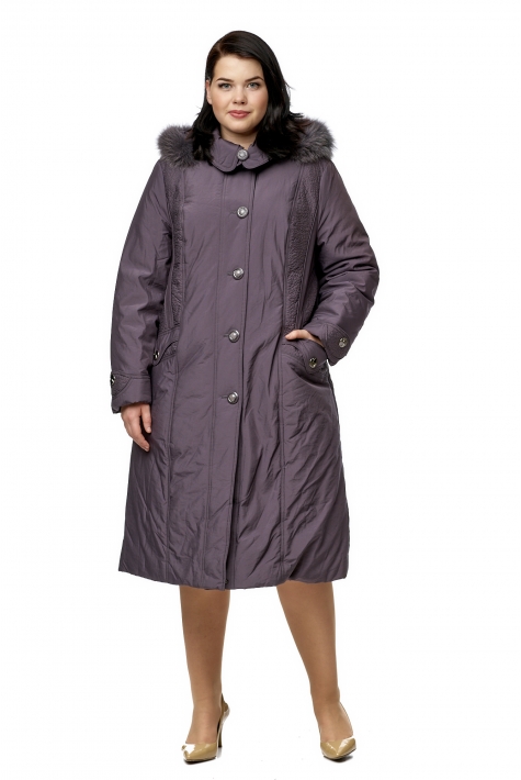 Женское пальто из текстиля с капюшоном, отделка песец 8010114