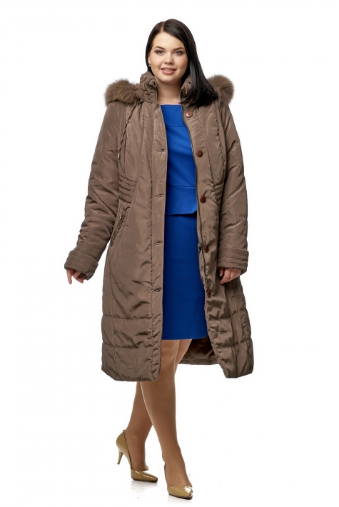 Женское пальто из текстиля с капюшоном, отделка песец 8010642