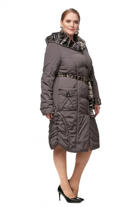 Женское пальто из текстиля с капюшоном, отделка искусственный мех 8012385