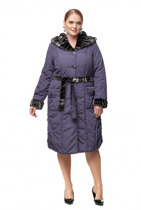 Женское пальто из текстиля с капюшоном, отделка искусственный мех 8012386
