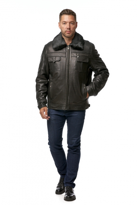 Мужская кожаная куртка из натуральной кожи на меху с воротником, отделка норка 8013100