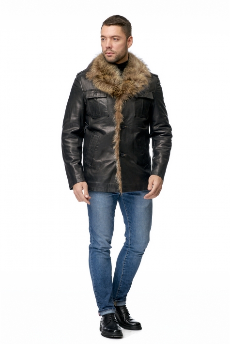 Мужская кожаная куртка из натуральной кожи на меху с воротником, отделка енот 8013726