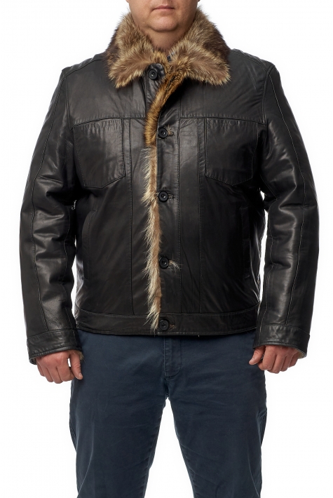 Мужская кожаная куртка из натуральной кожи на меху с воротником, отделка енот 8014370