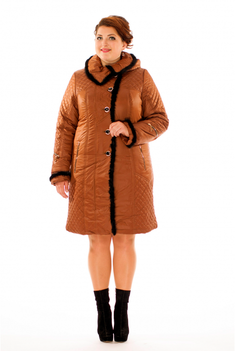Женское пальто из текстиля с капюшоном, отделка норка 8015944