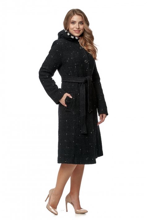 Женское пальто из текстиля с капюшоном, отделка норка 8016117