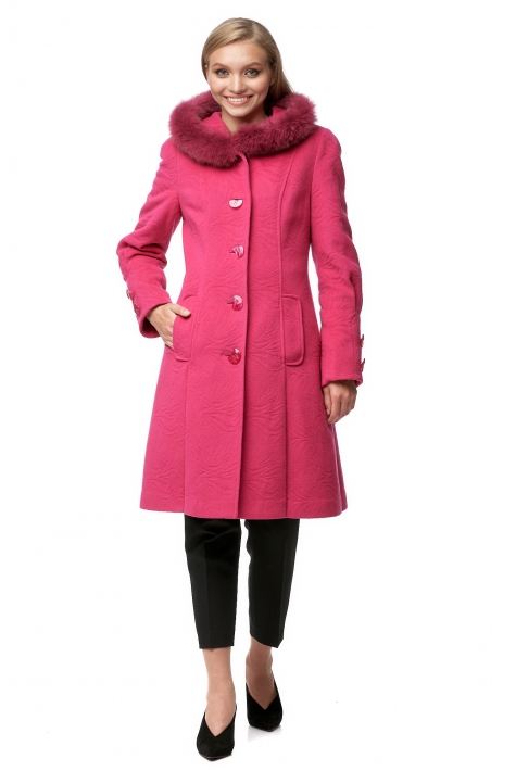 Женское пальто из текстиля с капюшоном, отделка песец 8017966