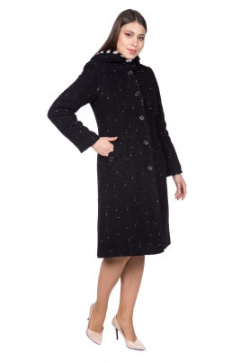 Черное женское пальто из текстиля с капюшоном, отделка норка