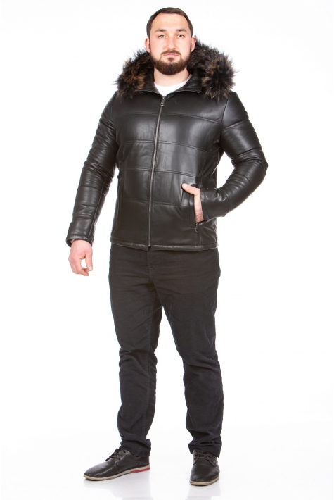 Мужская кожаная куртка из натуральной кожи с капюшоном, отделка енот 8023157