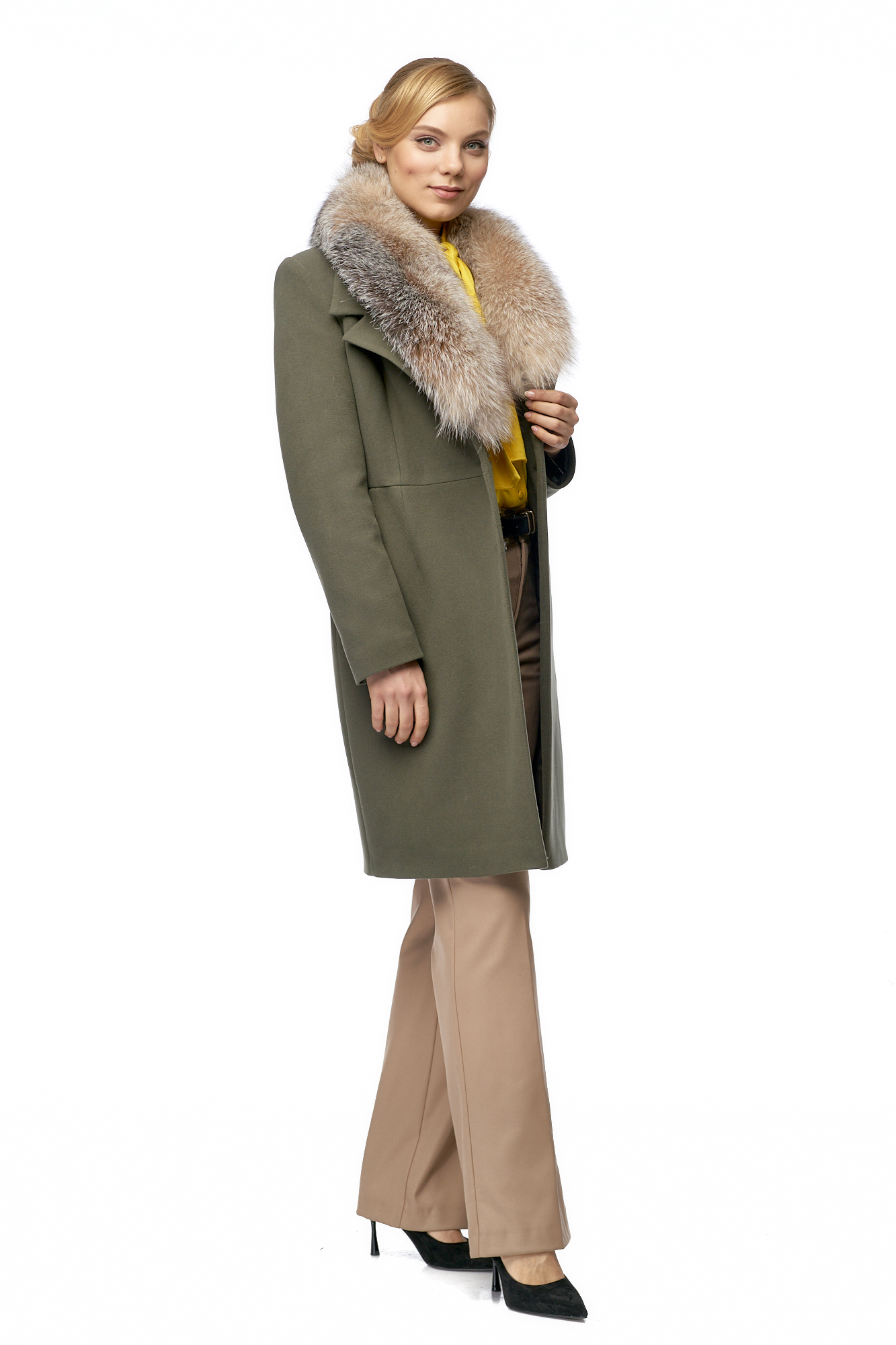 Женское пальто из текстиля с воротником, отделка песец 8001122-6