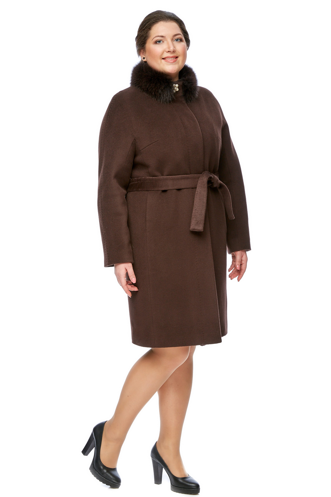 Женское пальто из текстиля с воротником, отделка песец 8001772-2