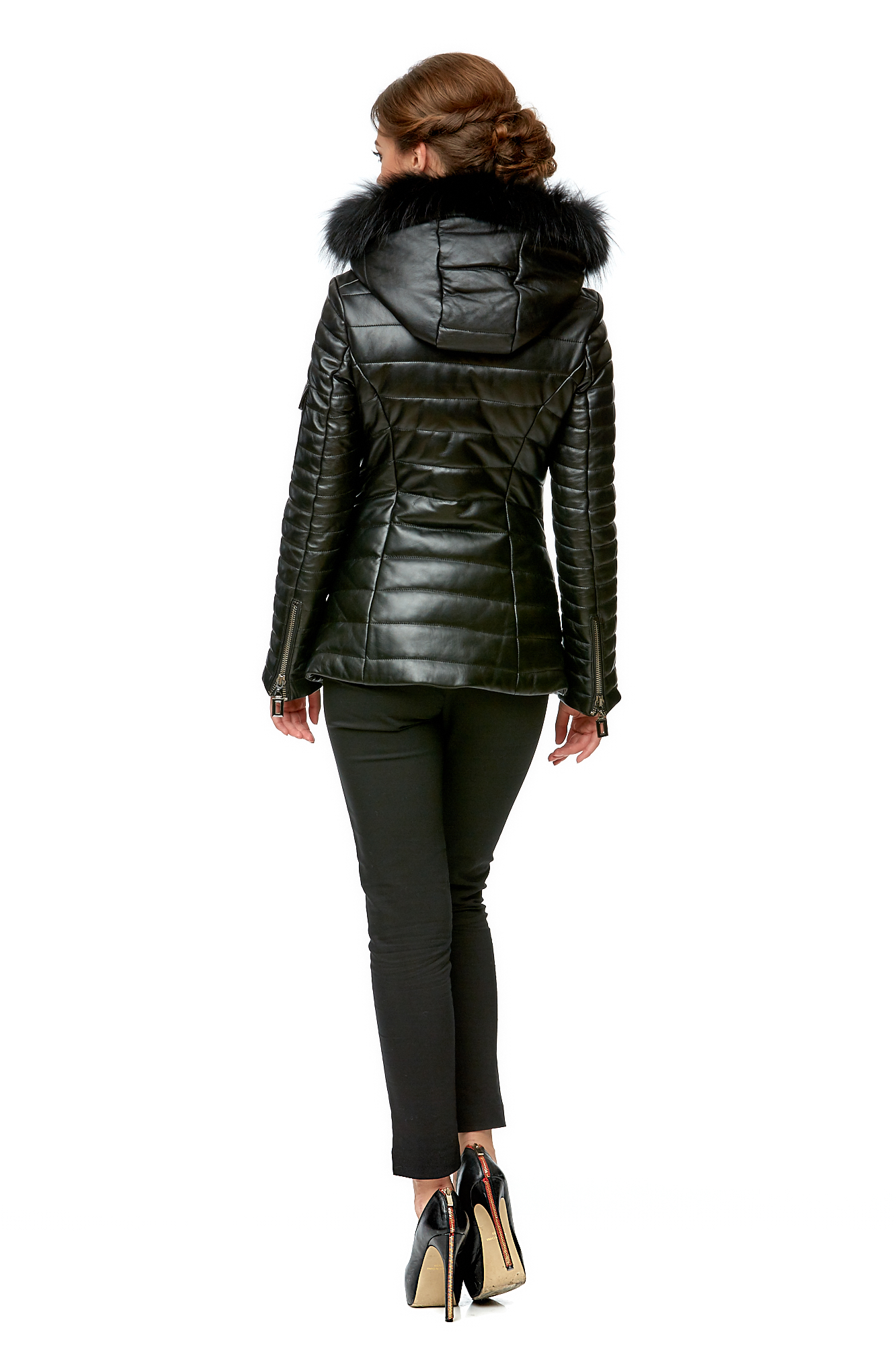 Женская кожаная куртка из натуральной кожи с капюшоном, отделка енот 8002025-3