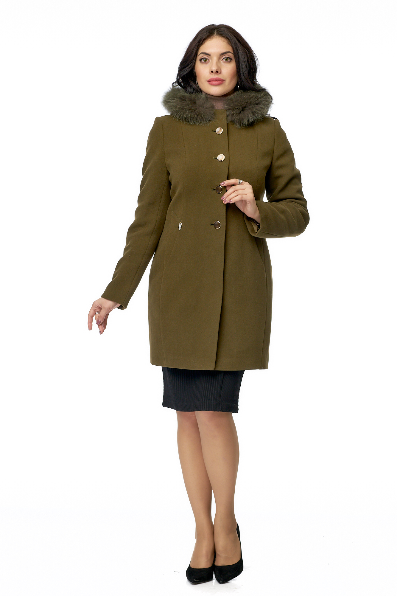 Женское пальто из текстиля с капюшоном, отделка песец 8002806-2