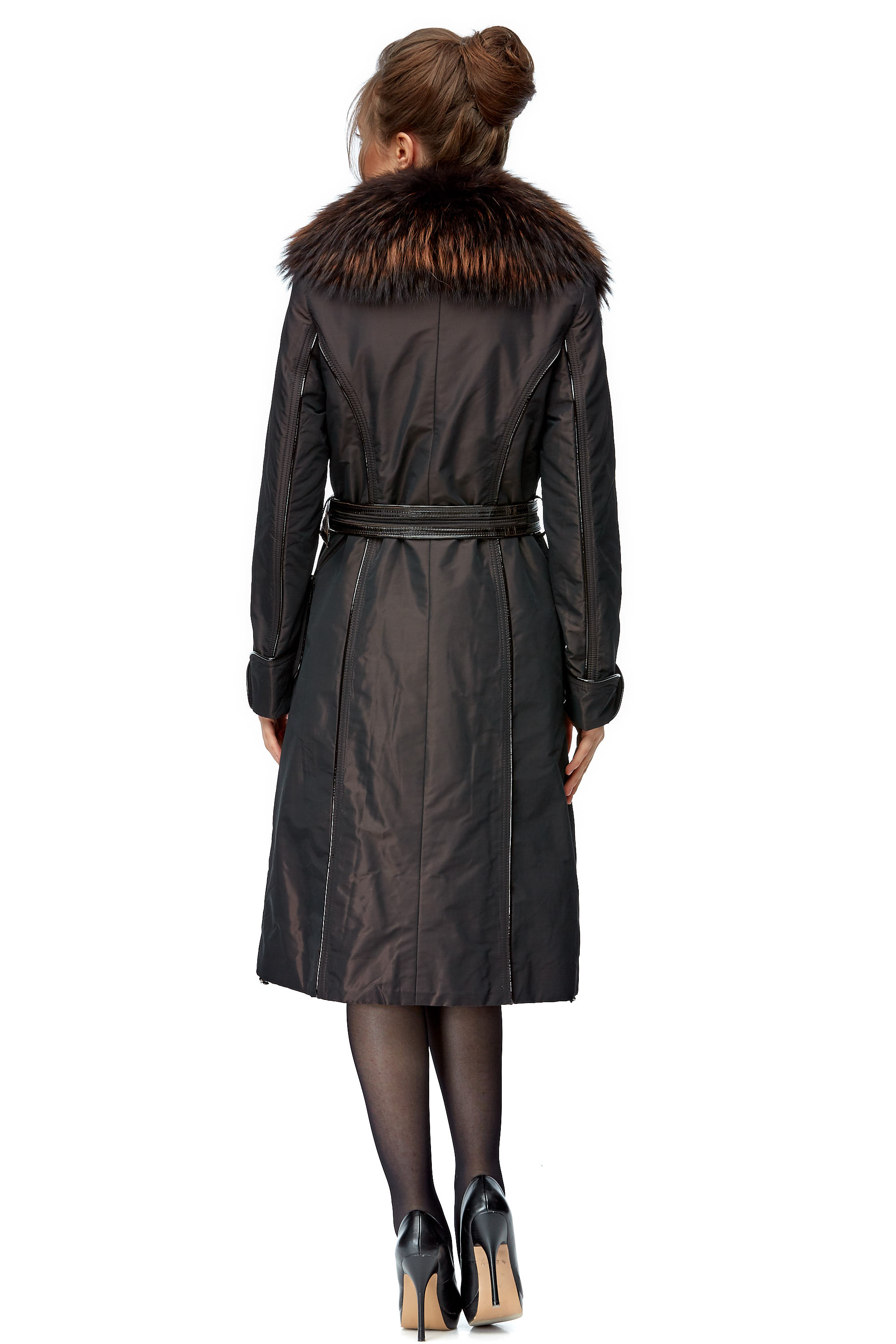 Женское пальто из текстиля с воротником, отделка енот 8003031-2